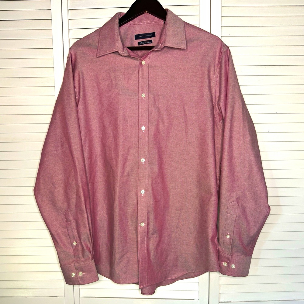 Tommy Hilfiger Men’s Pink Red THFlex Athletic Fit Stretch Shirt 16.5 34/35